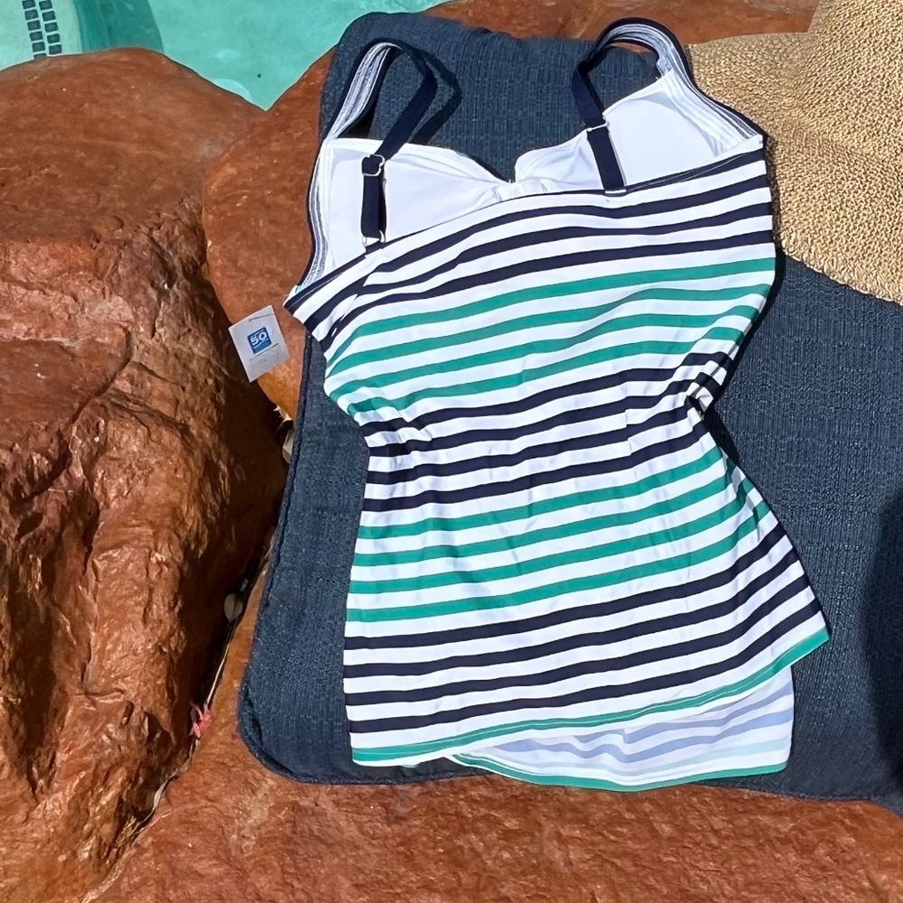 Lands' End Tankini Swim Top V-Neck Stripes Navy Blue Green White Women's NWT - Picture 3 of 3